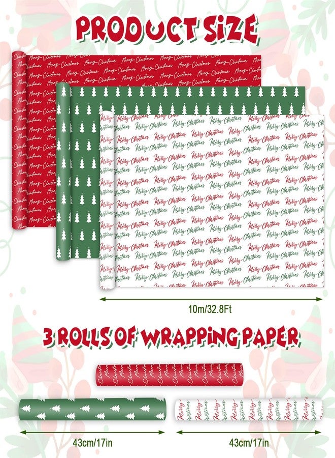 Whaline 3 Rolls Christmas Wrapping Paper -Mini Roll- 17 In x 32.8 Ft Red Green White Merry Christmas Tree Gift Wrap Paper for Xmas Winter Wrapping Supplies - Image 2